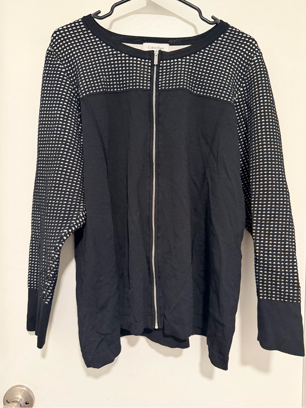 Calvin Klein Black and White Zip-Front Knit Bomber Jacket